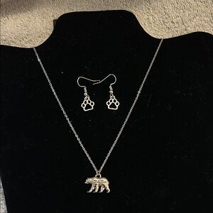 Silver Mama Bear Pendant Necklace and Paw Earrings Set